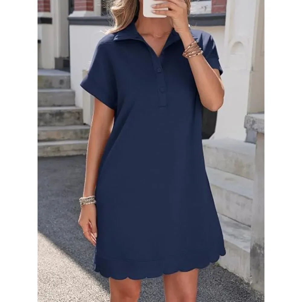 Women's Navy Blend Collared  V Neck Short Sleeve A Line Casual Mini Dress - Picture 5 of 5